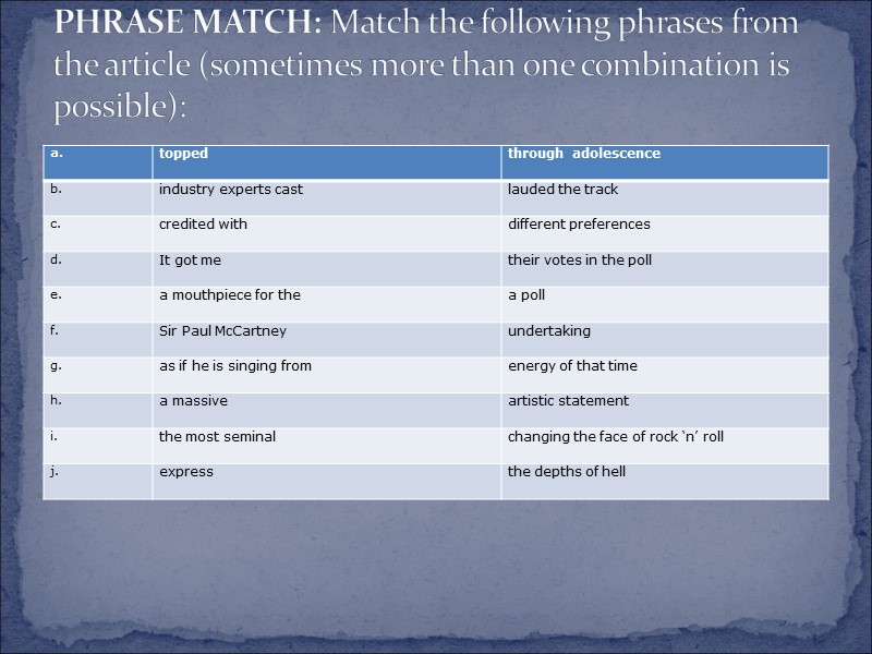 PHRASE MATCH: Match the following phrases from the article (sometimes more than one combination
